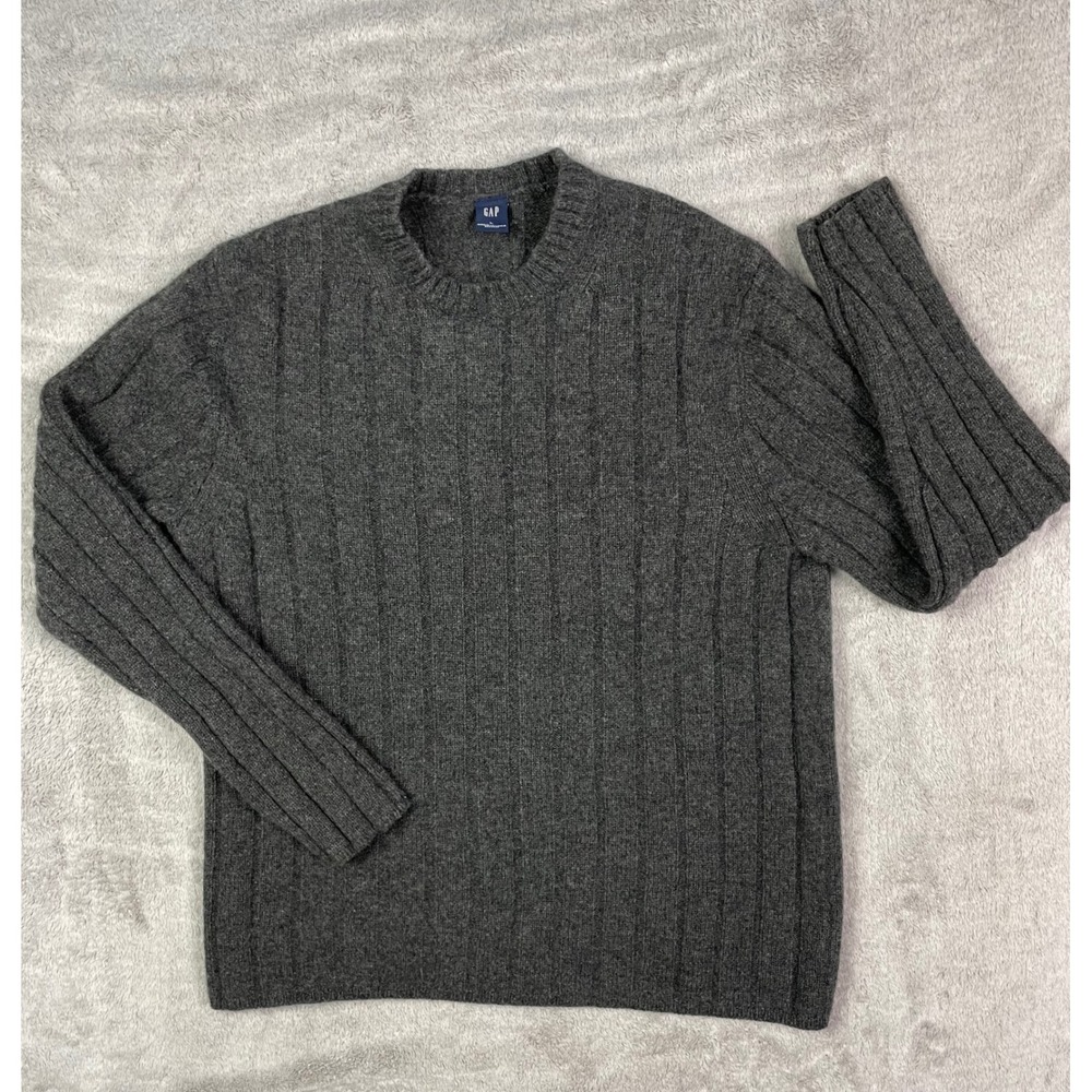 GAP Mens Sweater Large Gray 100% Lambswool Ribbed Knit Crewneck Pullover Vintage